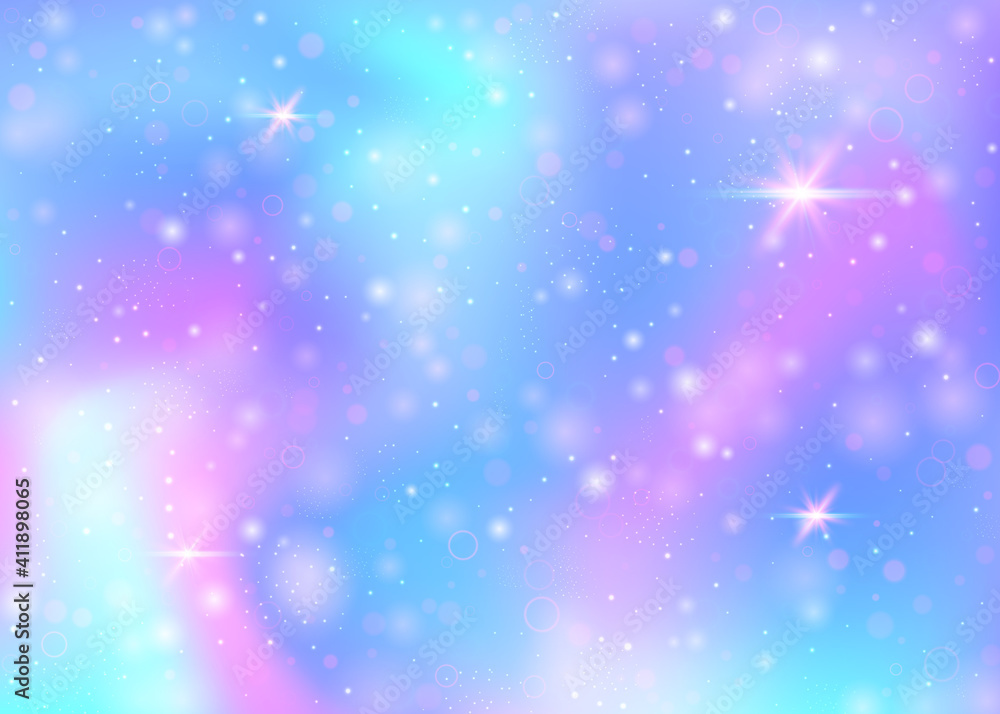 Fairy background with rainbow mesh.  Kawaii universe banner in princess colors. Fantasy gradient backdrop with hologram. Holographic fairy background with magic sparkles, stars and blurs.