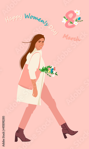 Greeting card. Happy Women's Day International Women's Day Vector illustration Woman with a bouquet of flowers Pink background lettering Happy Women's Day Bright bouquet of flowers Woman walking