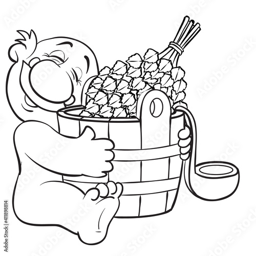 sketch of caricatures, a man luowno onnims a tub for a bath with a birch broom inside, isolated object on a white background vector illustration,