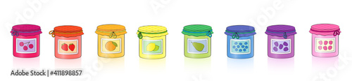 Homemade jam in jars. Rainbow colored collection of reduced fruits in screw glasses. Cherry, strawberry, orange, lemon, pear, blueberries, plums, blackberries and raspberries. Comic style vector.
