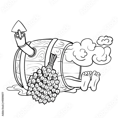 sketch caricatures, a man steams inside a barrel near a stot birch broom, isolated object on a white background vector illustration,