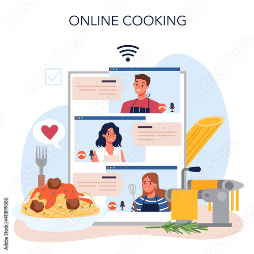 Spaghetti or pasta online service or platform. Italian food on the plate