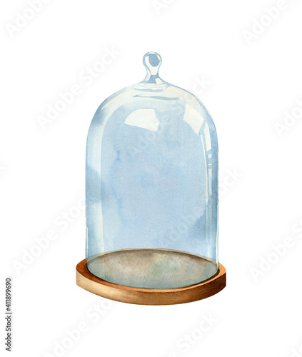 Glass bell. Watercolor illustration with glass cover for flowers and decor design template