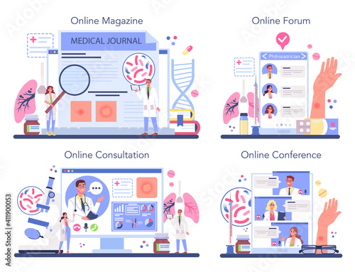 Phthisiatrician online service or platform set. Doctor standing at big lungs