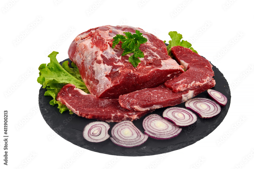 Fresh raw meat with lettuce isolated on white background