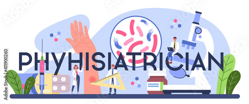 Phthisiatrician typographic header. Doctor standing at big lungs and checking