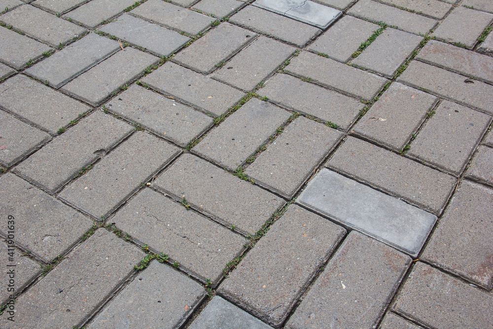 A rectangular tile with grass growing between it. A rectangular tile with grass growing between it.