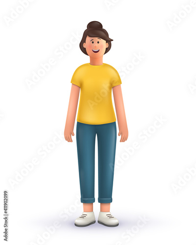 3D cartoon character. Young woman standing on a white background.
