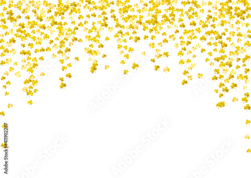 Shamrock background for Saint Patricks Day.  Lucky trefoil confetti. Glitter frame of clover leaves. Template for flyer, special business offer, promo. Celtic shamrock background.