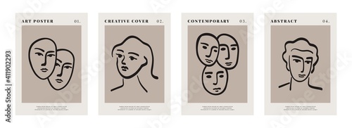 Abstract Matisse inspired posters. Contemporary art prints, human faces, minimalist mid century set. Vector backgrounds