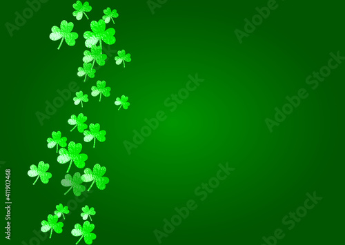 St patricks day background with shamrock. Lucky trefoil confetti. Glitter frame of clover leaves. Template for voucher, special business ad, banner. Festive st patricks day backdrop © Holo Art