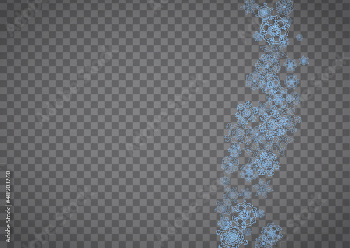 Snowflakes frame on transparent background. Christmas and Happy New Year. Isolated horizontal snowflakes frame for banners, gift cards, party invitation, partner compliment and special business offer