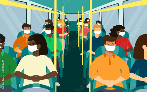 bus seating. black and white, man, woman in face mask. vector illustration