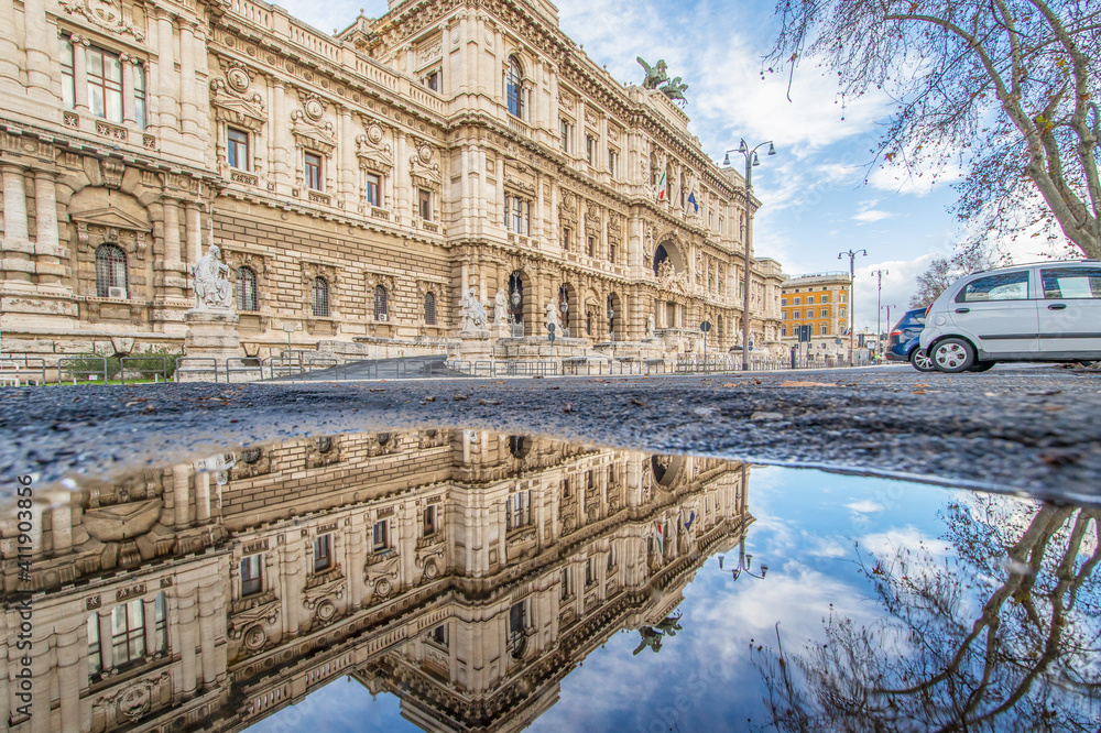 
Rome, Italy - in Winter time, frequent rain showers create pools in which the wonderful Old Town Rome reflects like in a mirror. Here in particular the mirror effect 