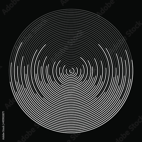 Abstract white concentric rotated lines. Vector illustration. Design element for technology round logo, striped border frame, blackout tattoo, prints, monochrome pattern and abstract background