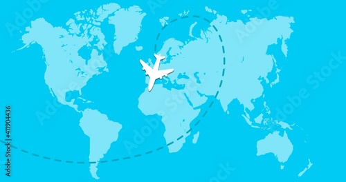 2d flat animation with white airplane flying on the world map background and leaving a dashed line trace in heart form. Romantic and love travel concept