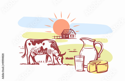 cow stands in clearing with dairy products