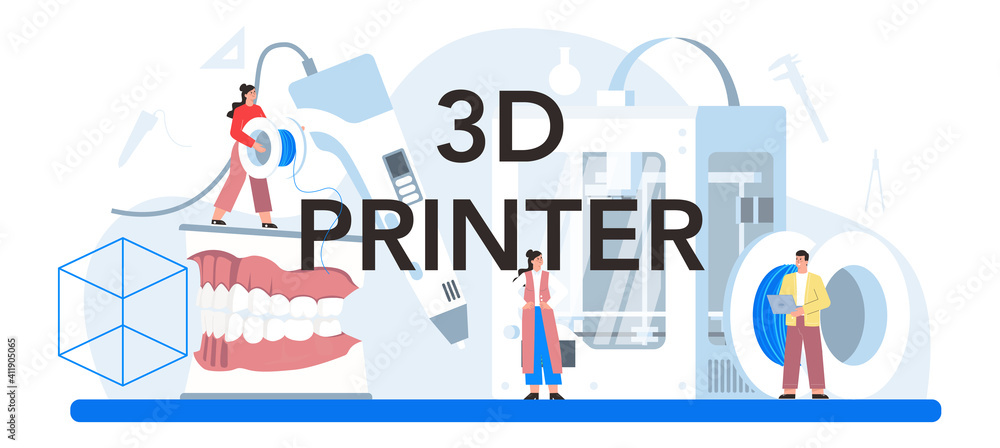 Naklejka premium 3D printer typographic header. Digital drawing with electronic tools