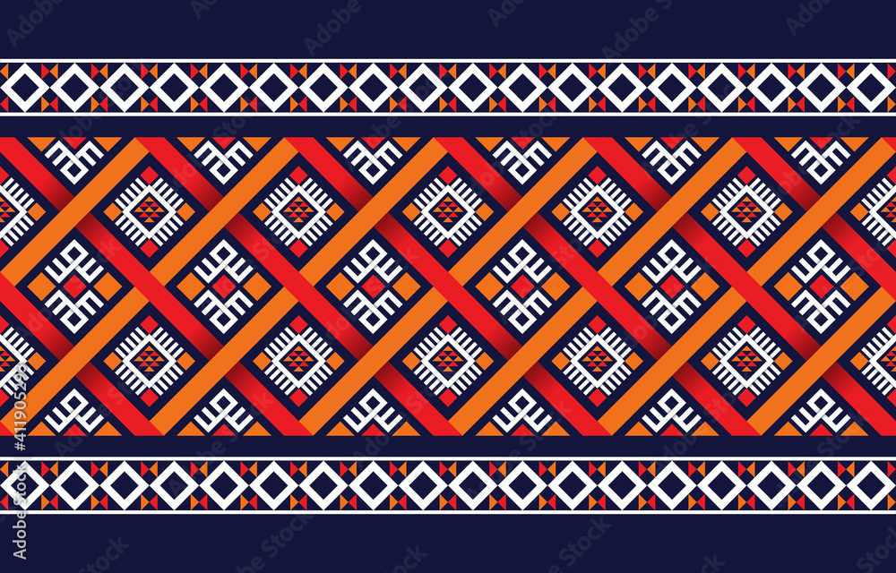 Ethnic boho pattern with geometric in bright colors. Design for carpet, wallpaper, clothing, wrapping, batik, fabric, Vector illustration embroidery style in Ethnic themes.