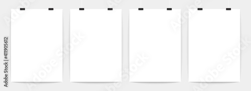 Posters on the wall mockup, three posters, white papers, vector illustration