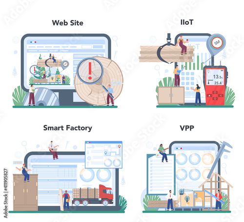 Wood industry online service or platform set. Checker inspector
