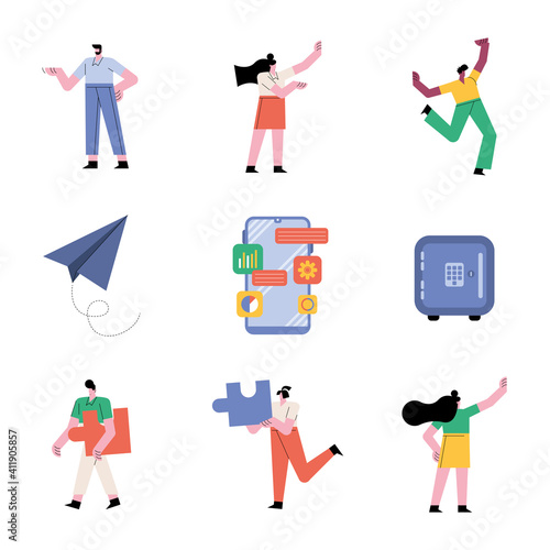 group of people teamwork six workers characters and set icons