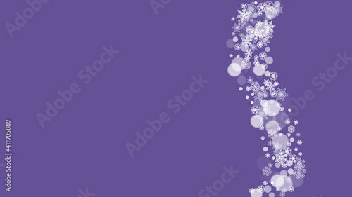 Snow window with ultra violet snowflakes. New Year backdrop. Winter frame for flyer  gift card  party invite  retail offer and ad. Christmas trendy background. Holiday snowy banner with snow window