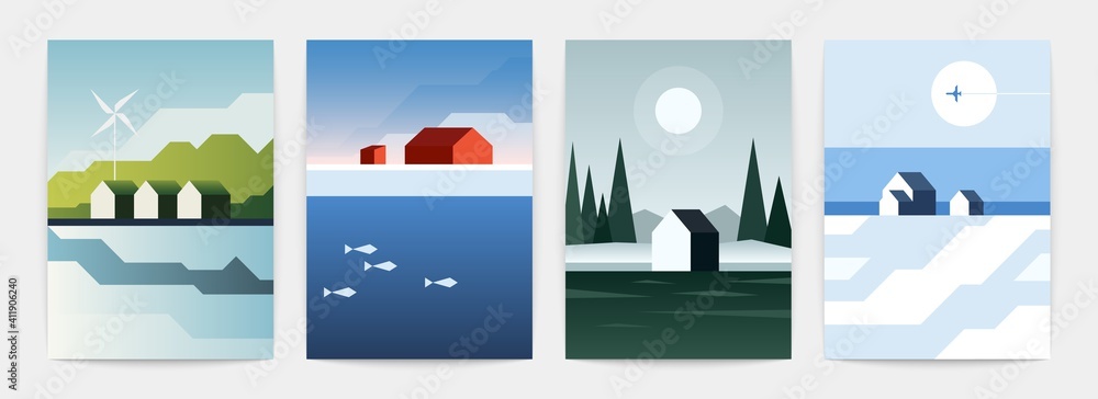 Norway abstract posters. Contemporary minimalist A4 wallpaper with nordic cold landscapes. Vector set