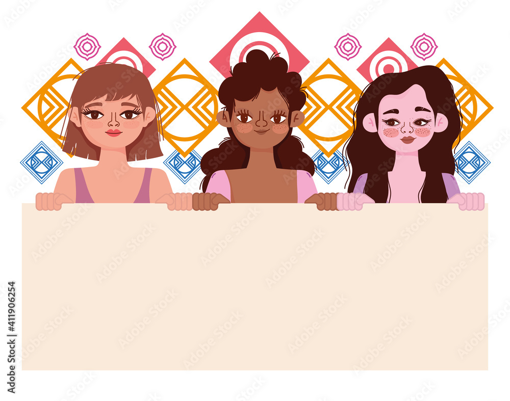 diversity women cartoon portrait holds banner