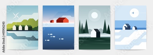 Norway abstract posters. Contemporary minimalist A4 wallpaper with nordic cold landscapes. Vector set