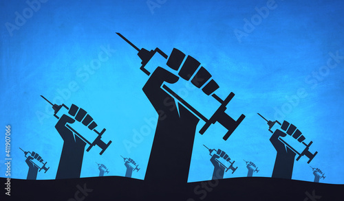 Hands with syringes or vaccinations for everyone illustration