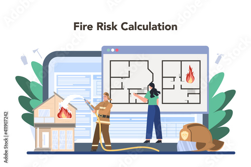 Fireman online service or platform set. Professional fire brigade
