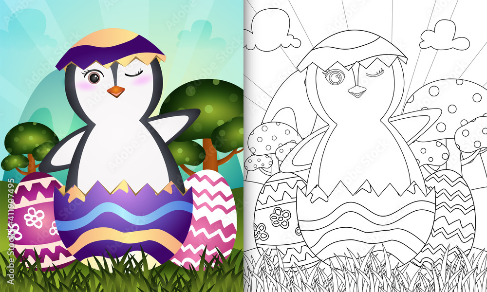 coloring book for kids themed happy easter day with character illustration of a cute penguin in the egg
