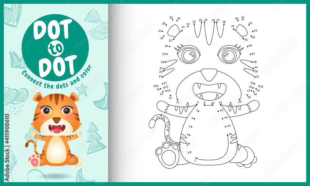 Connect the dots kids game and coloring page with a cute tiger character illustration Connect the dots kids game and coloring page with a cute tiger character illustration
