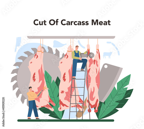 Meat production industry concept. Butcher or meatman factory