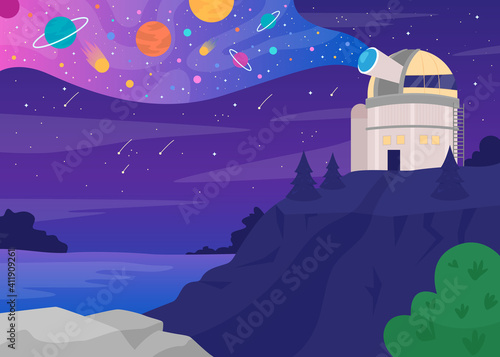 Astronomical observatory flat color vector illustration. Structure containing telescopes and auxiliary instruments 2D cartoon landscape with night sky with stars and planets on background