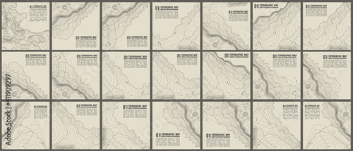 Topographic pattern texture vector Set. Grey contours vector topography. Geographic mountain topography vector illustration. Map on land vector terrain. Elevation graphic contour height lines. photo
