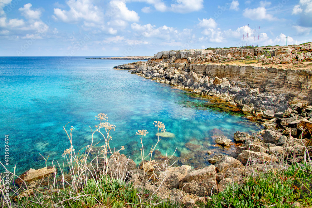 Beautiful landscape at Cavo Greco in Ayia Napa, Cyprus island, Mediterranean Sea. Amazing blue  sea during a sunny day.