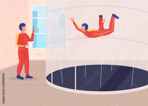 Wind tunnel training flat color vector illustration. Skydiving happens in vertical wind tunnel. Proffesionals preparing for space mission 2D cartoon characters with special device on background