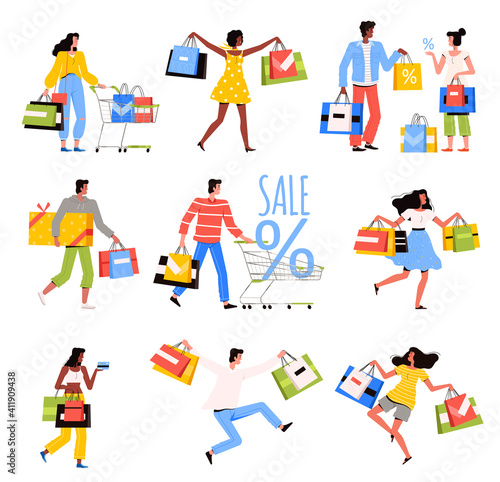 Happy people are shopping in the store. Men and women with bags, boxes and packaged goods enjoy purchasing