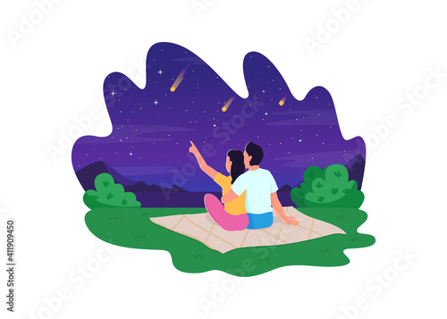 Naked eye stargazing 2D vector web banner, poster. Lovely couple looking at beautiful stars falling flat characters on cartoon background. Romantic evening printable patch, colorful web element