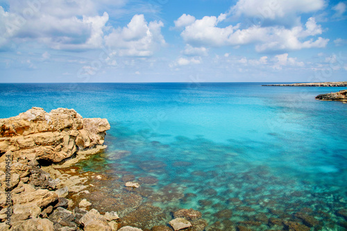 Beautiful landscape at Cavo Greco in Ayia Napa, Cyprus island, Mediterranean Sea. Amazing blue sea during a sunny day.