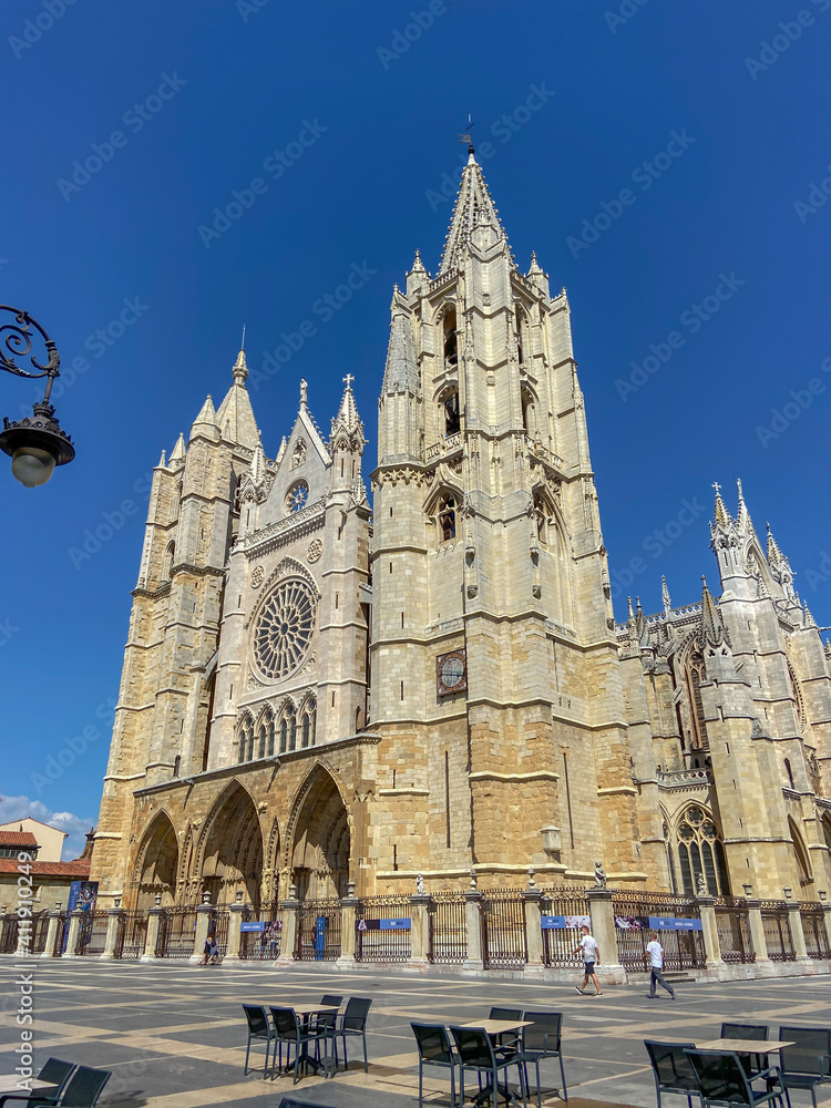 Castilla Leon, Spain - September 5, 2020: The Gothic Cathedral of Leon. The Santa María de León Cathedral, also called The House of Light or the Pulchra Leonina.