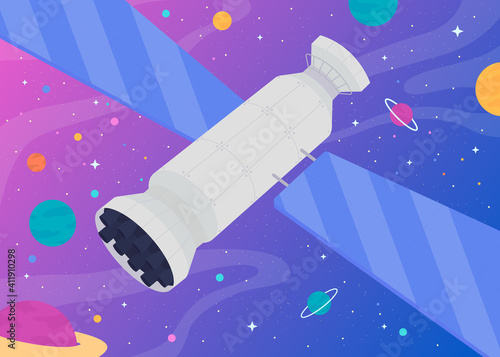 Rocket in open space flat color vector illustration. Discovering different planets on special built spaceship. Big satelite 2D cartoon landscape with different planets and asteroids on background