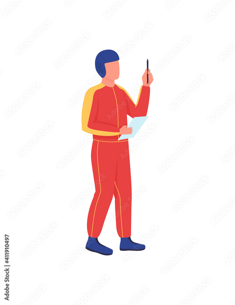 Getting information from tests flat color vector faceless character. Preparing for international space program. Mission isolated cartoon illustration for web graphic design and animation