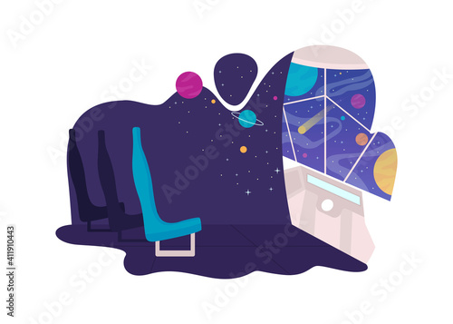 5d and 7d cinema 2D vector web banner, poster. Cinemas have effective strong impact on the screen features flat interior on cartoon background. Technologies printable patch, colorful web element