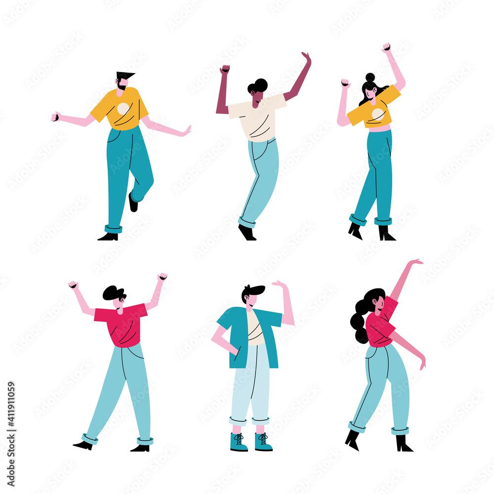 happy young people dancing six characters happy young people dancing six characters