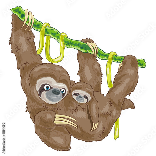 Foto Sloth with baby cartoon hanging on the tree vine