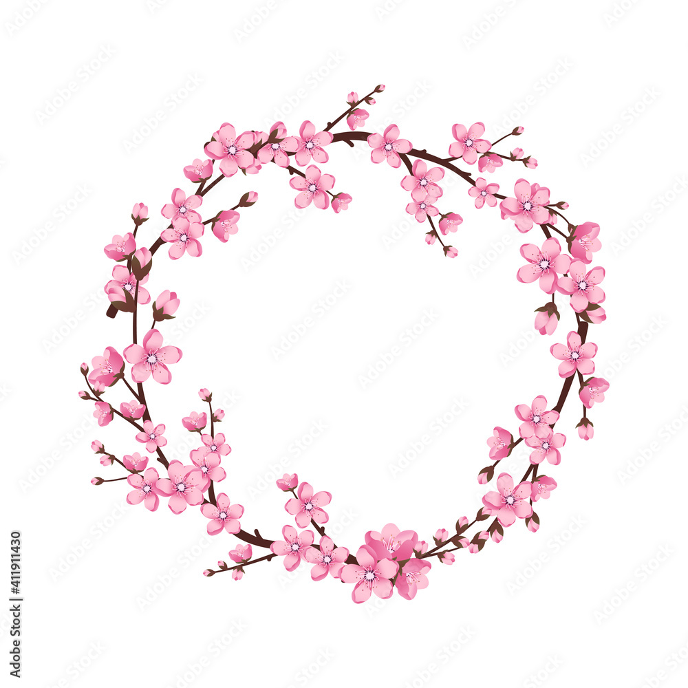 Cherry blossom wreath. Pink cute sakura flowers Stock Vector | Adobe Stock