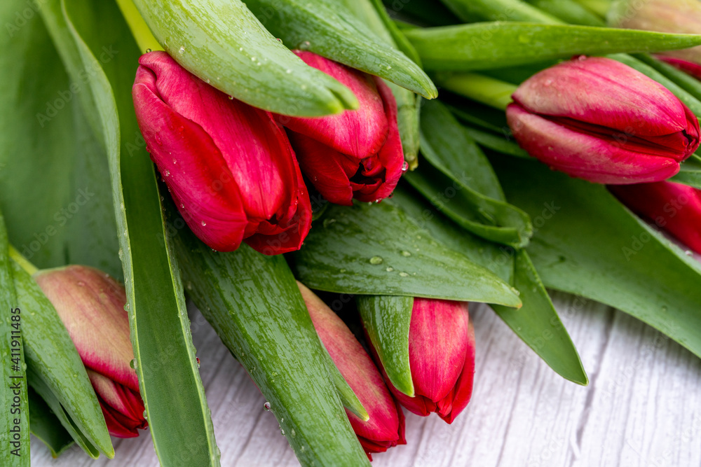 Beautiful flat lay with red tulips flowers on a light grey wooden texture. Colorful Card for Mothers Day, Birthday, International Women's Day March 8. Selective focus. High quality photo Beautiful flat lay with red tulips flowers on a light grey wooden texture. Colorful Card for Mothers Day, Birthday, International Women's Day March 8. Selective focus. High quality photo
